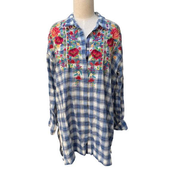 Johnny Was Plaid Blue Floral Button Down Tunic Dress Boho EUC Large - Picture 1 of 7